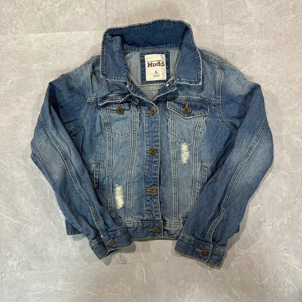 Mudd Womens Distressed Denim Jacket Medium Wash Blue Cotton Size L